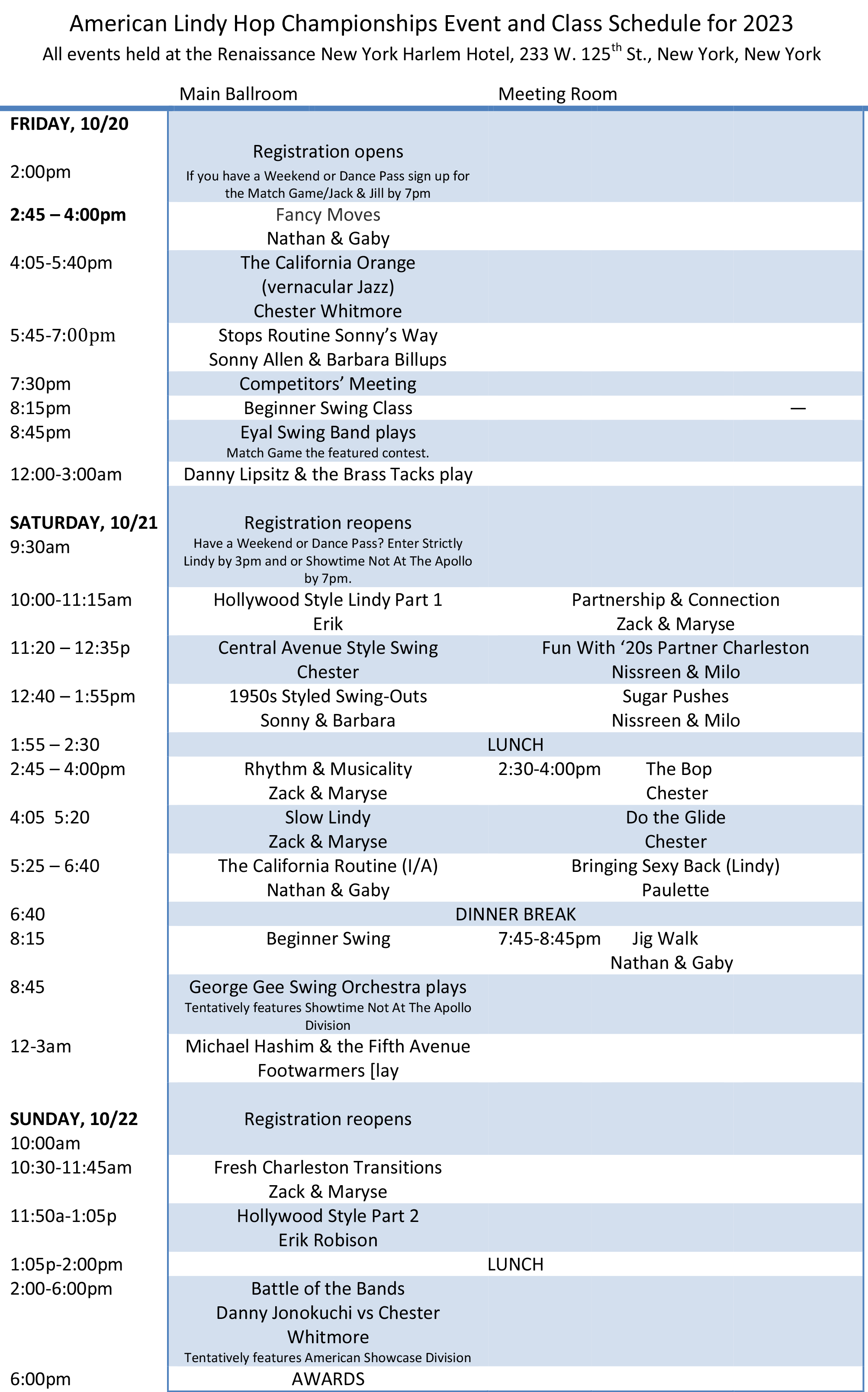ALHC Class & Eent Schedule for 2023